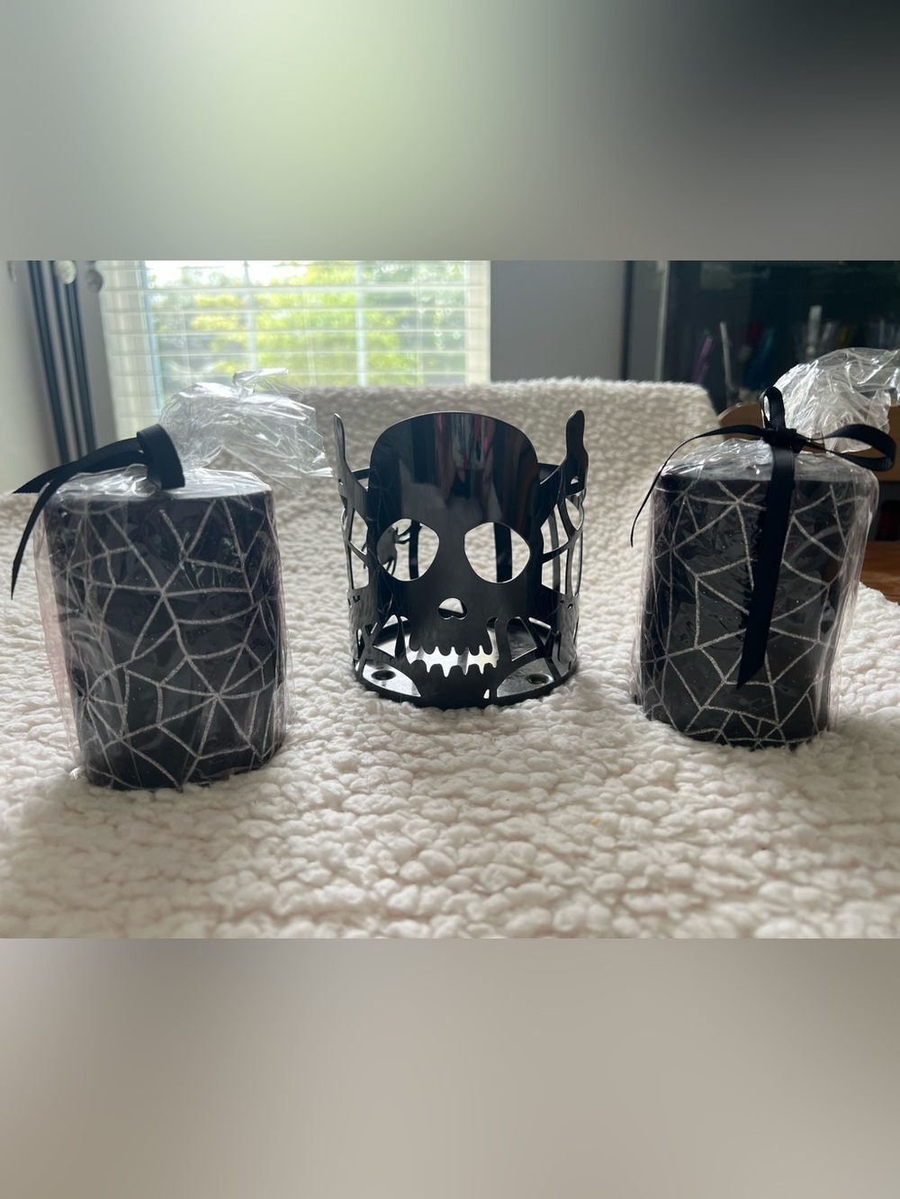 Black Spiderweb Pillar Candles (2) with Black Skull Metal Holder